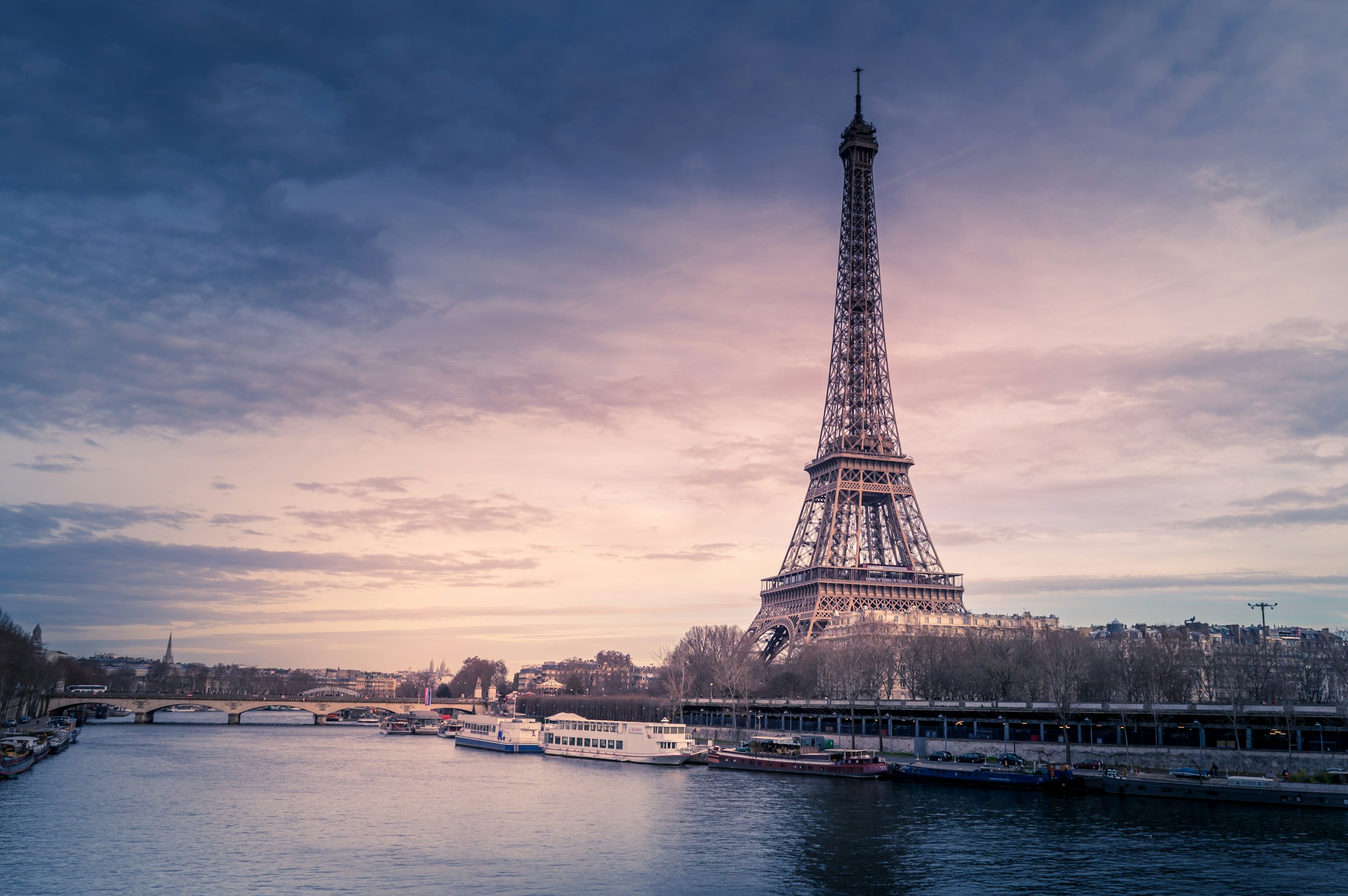 Eiffel Tower and Paris skyline at dusk